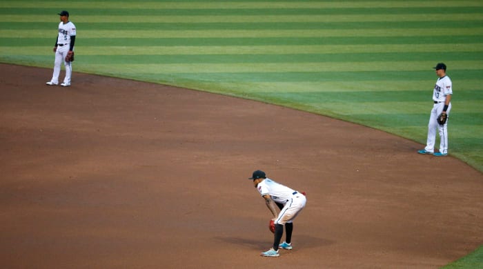 Arizona Diamondbacks infielders employ the infield shift